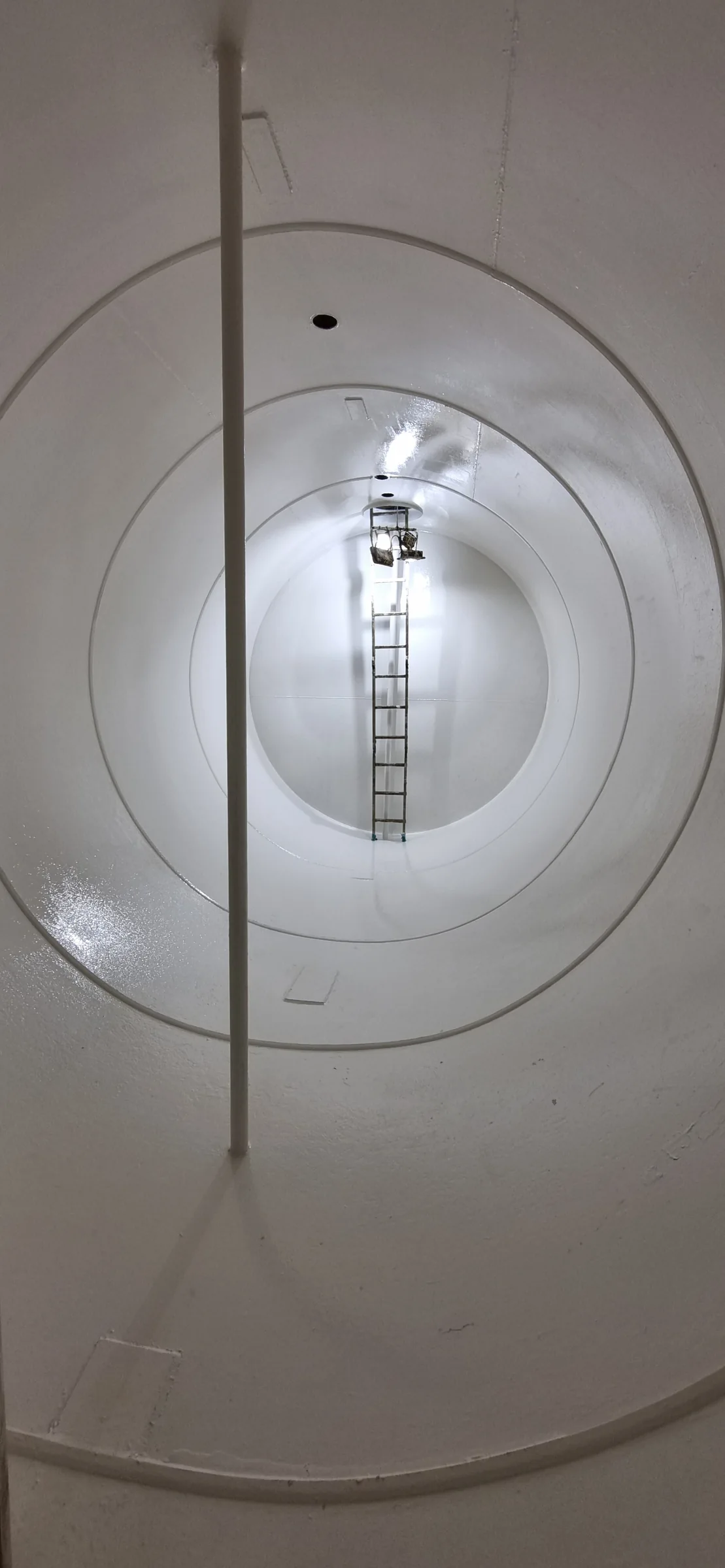 Interior de tanque con recubrimiento blanco, tubería vertical y escalera al fondo.