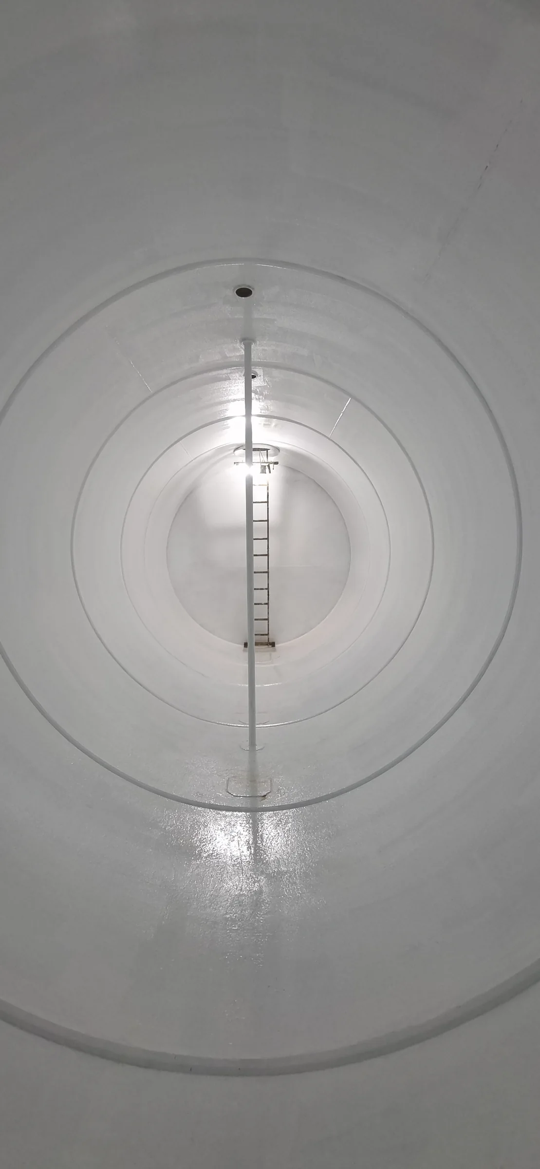 Vista longitudinal de un tanque con recubrimiento blanco y escalera al fondo.